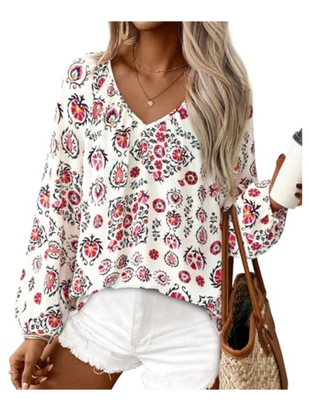 Womens Satin Blouse Loose Fit V-Neck Boho Floral Long Sleeve Top